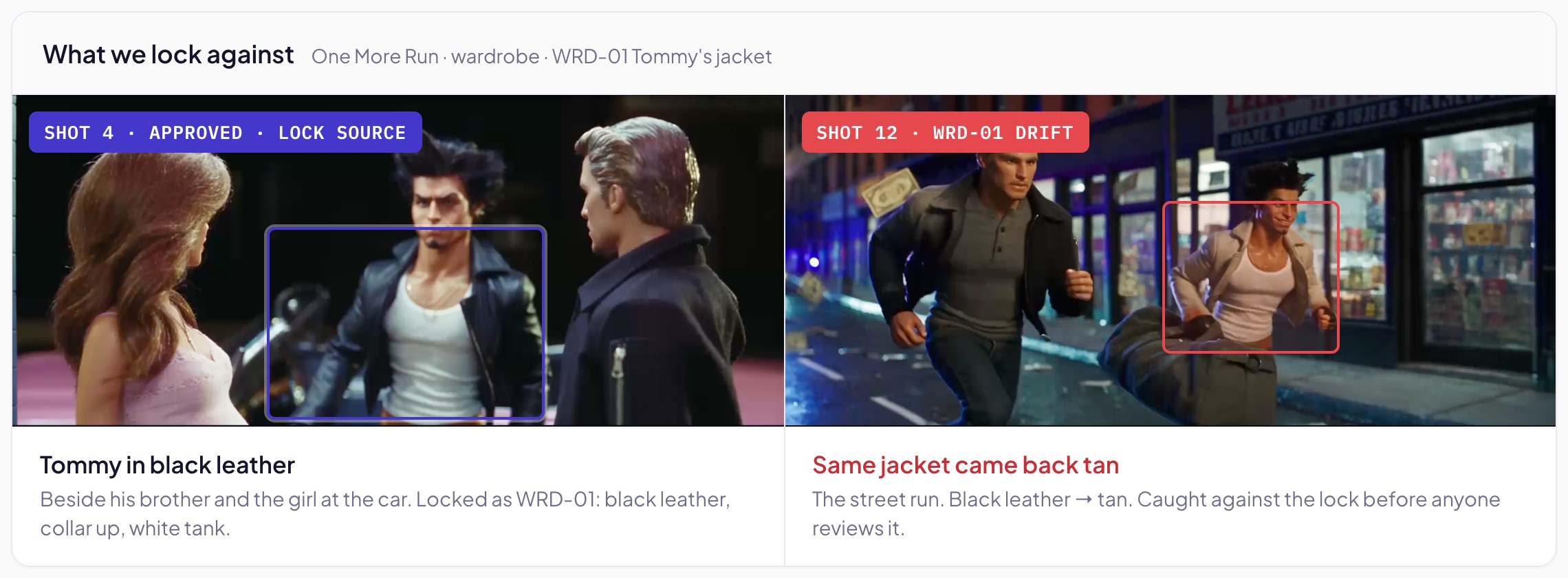 Stora prototype comparing shot 12 with the approved shot 4: Tommy's black leather jacket came back tan and is flagged for review